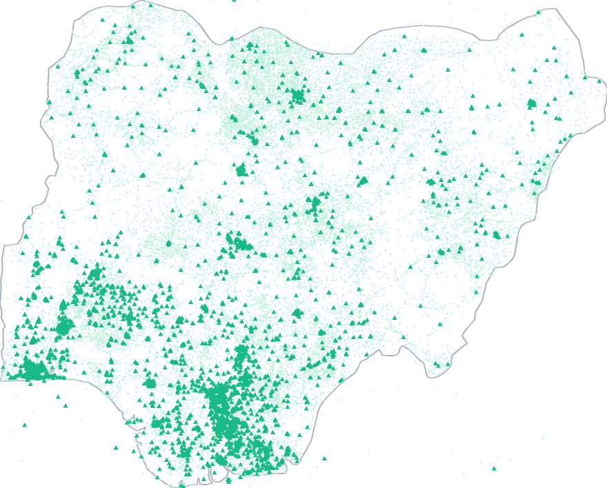 Map of Nigeria showing primary health care centres as small light green dots and hospitals as larger dark green dots