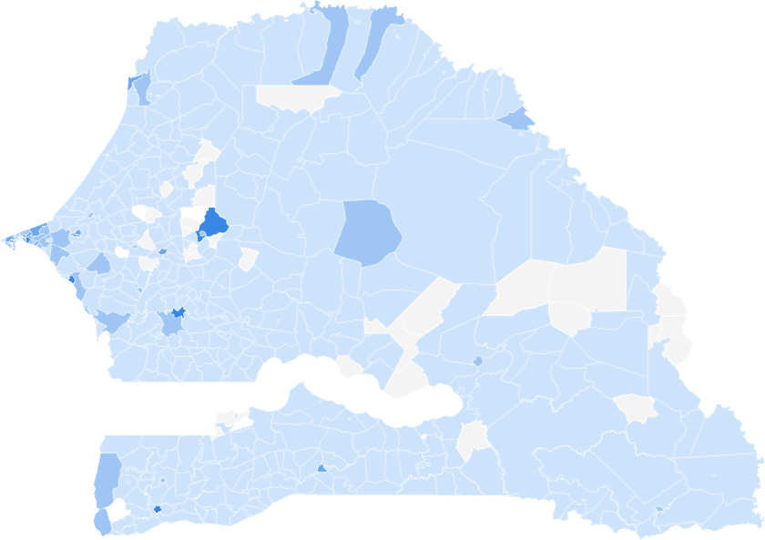 Map of Senegal shaded by the number of middle and secondary schools per commune