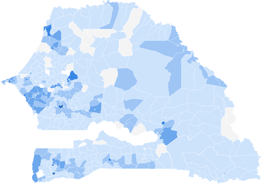 Map of Senegal shaded by the number of pre-school establishments per commune