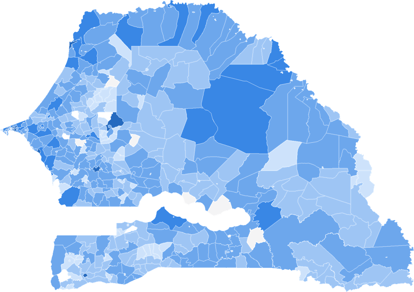 Map of Senegal shaded by the number of primary schools per commune
